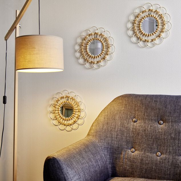 Miroir soleil rosace rond rotin et osier Ø30cm