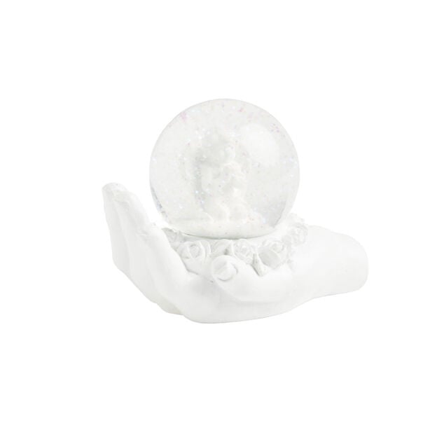 Main polyr&eacute;sine blanche avec boule de neige ange &agrave; poser &Oslash;6,5cm