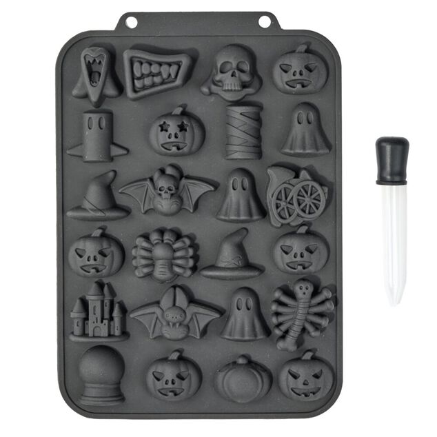 Moule &agrave; bonbons Halloween silicone noir avec pipette 19x27x1,5cm
