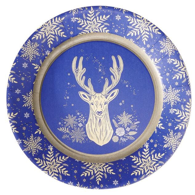 Lot de 10 assiettes jetables en carton bleu motif cerf dor&eacute;