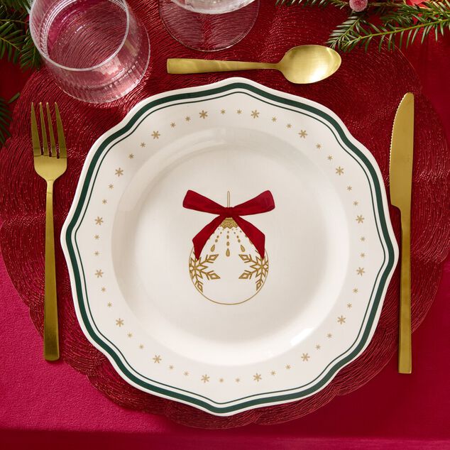 Assiette plate imprim&eacute; boule de No&euml;l contour vague bleu fa&iuml;ence &Oslash;27 cm