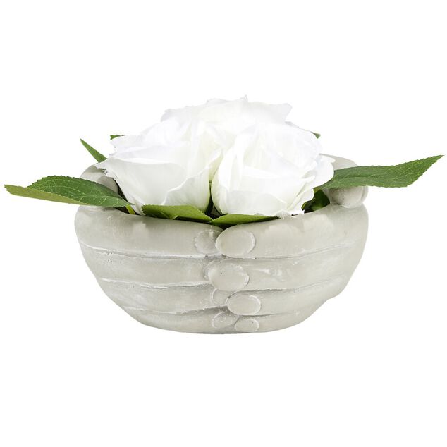 Mains jointes polyr&eacute;sine avec rose blanche &Oslash;16xH8cm