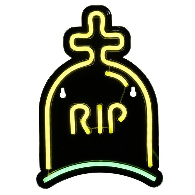 Lampe n&eacute;on Halloween RIP vert et jaune 26xH18cm