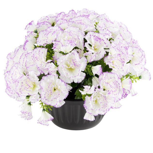 Pot fleur artificielle oeillet blanc et parme 14 tiges H30cm