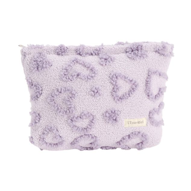 Trousse cosm&eacute;tique sherpa polycoton relief motif coeur violet 26x19cm