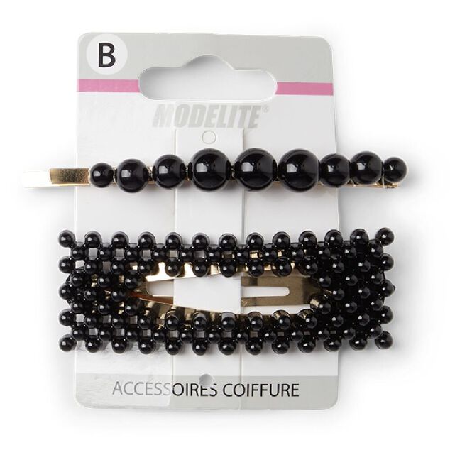 Lot de 2 barrettes &agrave; cheveux dor&eacute;es &agrave; perles noires