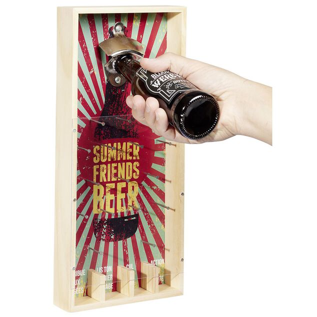 Jeu &agrave; boire d&eacute;capsuleur en bois Summer Friends Beer H40cm