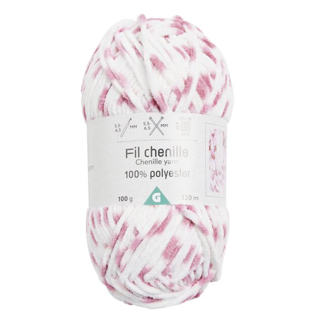 Pelote de fil &agrave; tricoter chenille blanc et rose 120m