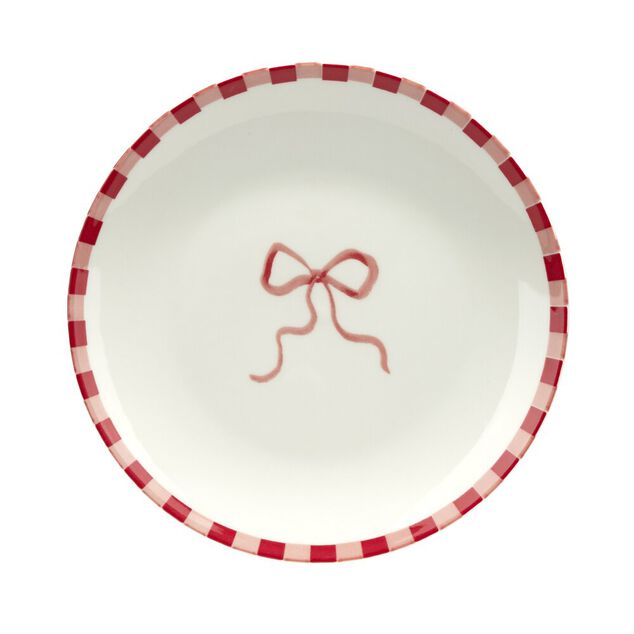 Assiette &agrave; dessert porcelaine motifs noeud et rayures blancs et rouges &Oslash;19cm