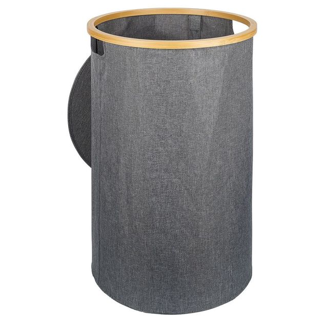 Coffre &agrave; linge rond 75L bambou et polyester gris