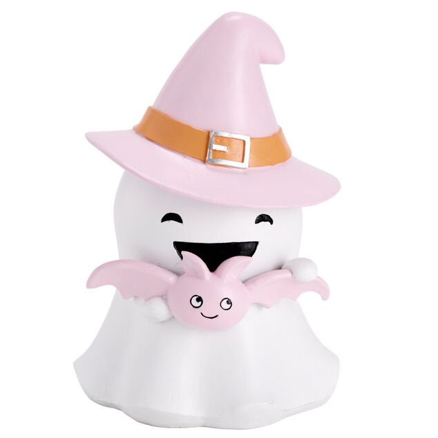 Fant&ocirc;me Halloween d&eacute;coratif sorcier mignon r&eacute;sine blanc et rose pastel &Oslash;17xH25cm