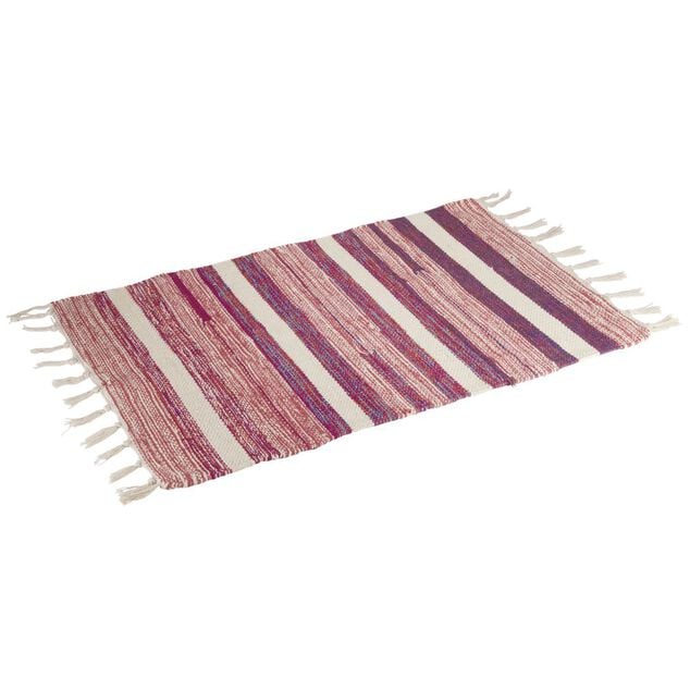 Tapis tress&eacute; &agrave; franges rayure beige et rouge 100% coton 40x60cm