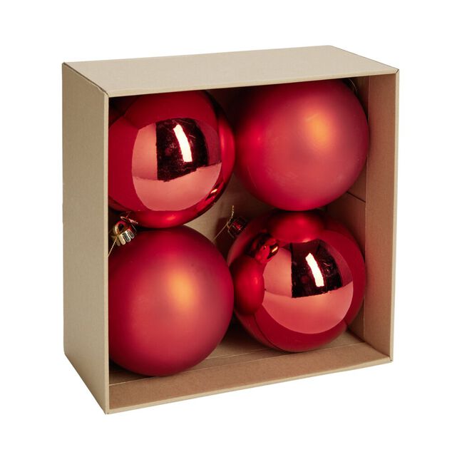 Boule de No&euml;l plastique rouge x4 mate et brillant &Oslash;15cm