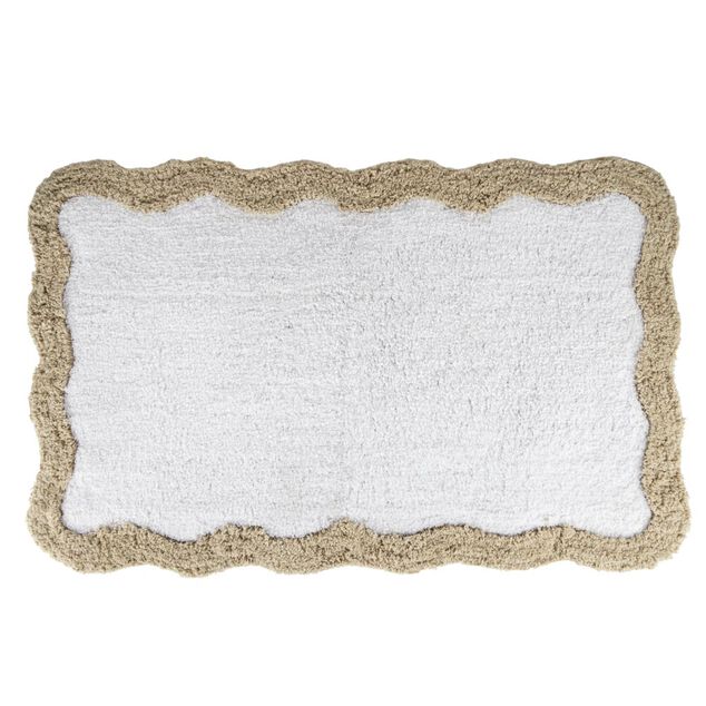 Tapis de bain rectangulaire contour vague coton blanc et beige 50x80cm