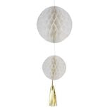Suspension 2 boules en papier blanc et son pompon