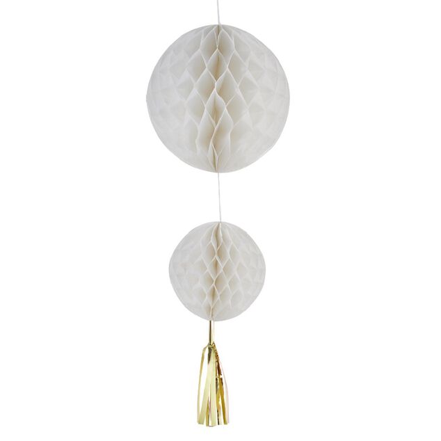 Suspension 2 boules en papier blanc et son pompon