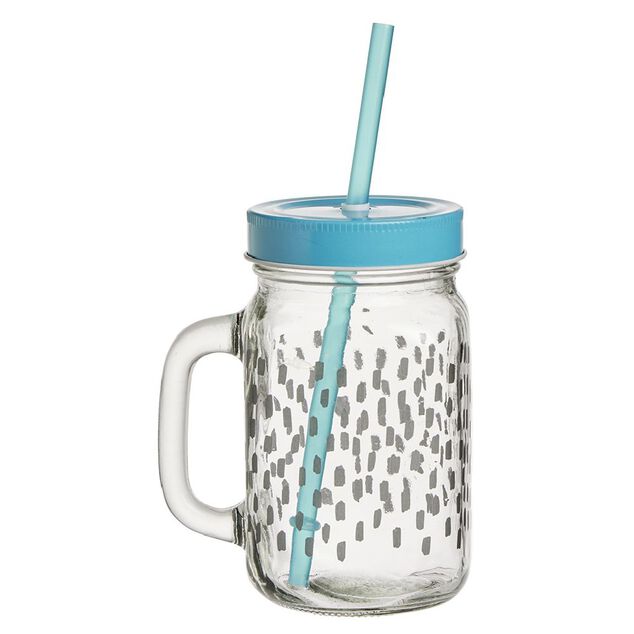 Gobelet en verre imprim&eacute; avec poign&eacute;e paille et couvercle 480ml