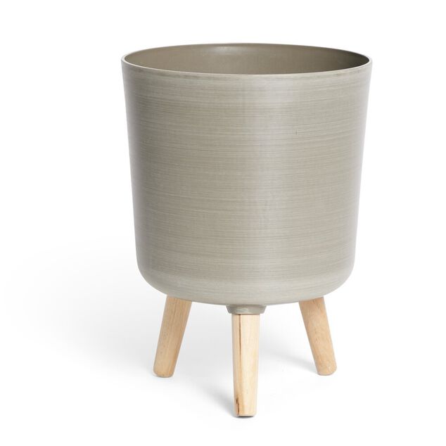 Cache pot tr&eacute;pied bois plastique couleur taupe &Oslash;27xH27cm