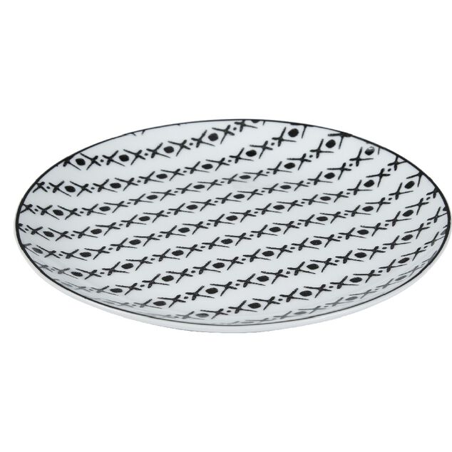 Assiette &agrave; dessert blanche motif ligne de croix noir &Oslash;19cm