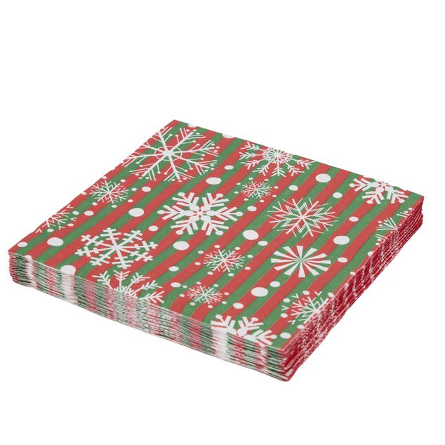 Serviette en papier 4 plis X20 pcs imprim&eacute; flocon de neige fond ray&eacute; d&eacute;cor&eacute; 33X33 cm rouge et vert