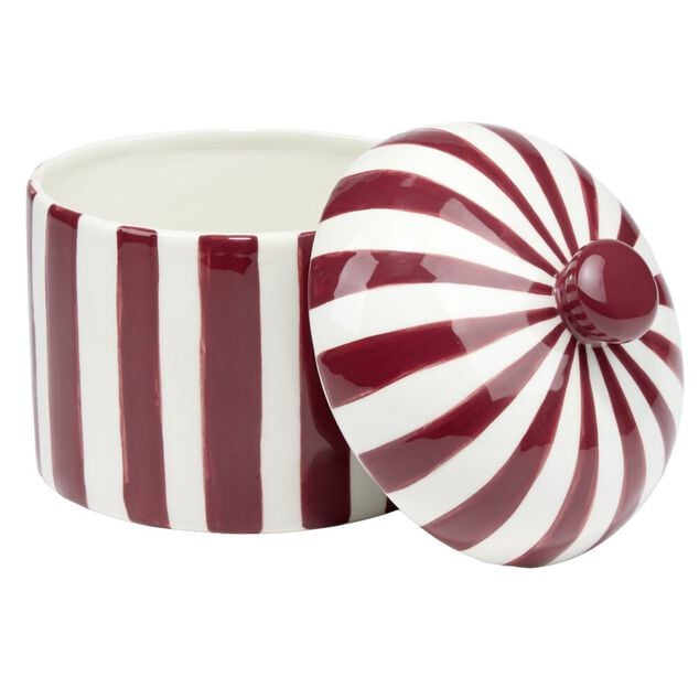 Bonbonni&egrave;re ronde dolomite ray&eacute;e rouge et blanc &Oslash;12xH14cm
