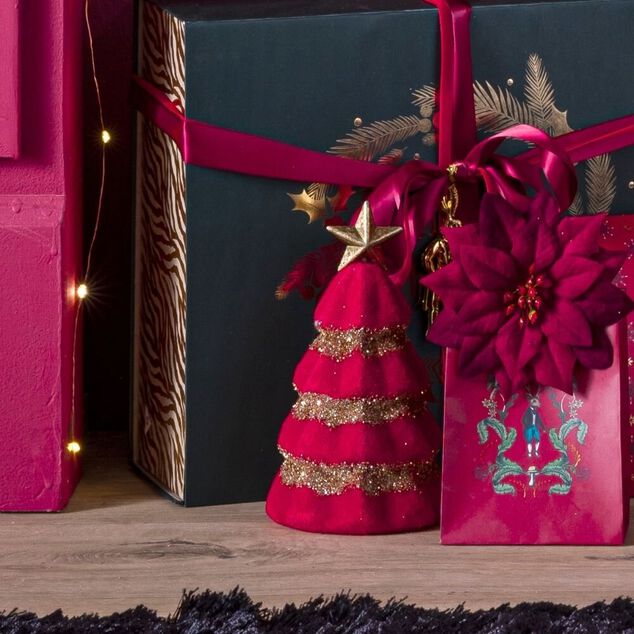 Sapin velours rouge et paillet&eacute; dor&eacute; &agrave; poser &Oslash;10,5xH19cm