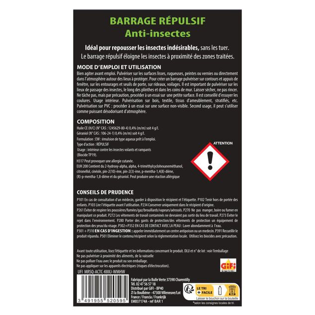 R&eacute;pulsif barrage anti insectes 1 L