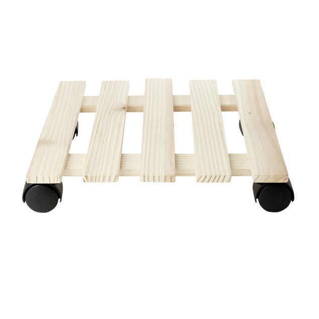 Plateau porte plante carr&eacute; en bois avec roulettes 29x29xH7cm
