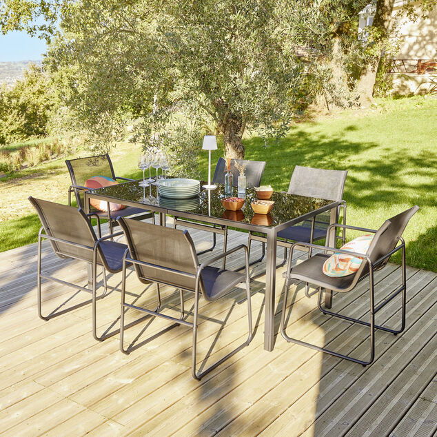 Table de jardin avec chaises x6 Mathis acier verre textil&egrave;ne noir 150x80xH73cm