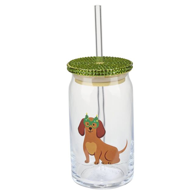 Gobelet avec couvercle paillette et paille imprim&eacute; teckel 450 ml &Oslash;7XH14 cm vert