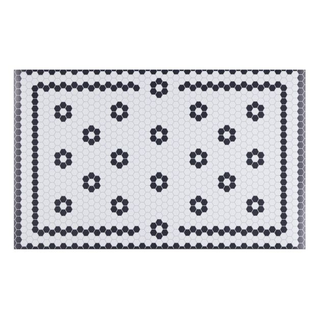 Tapis vinyle rectangulaire motif carreau de ciment fleur blanc et noir 38x60cm