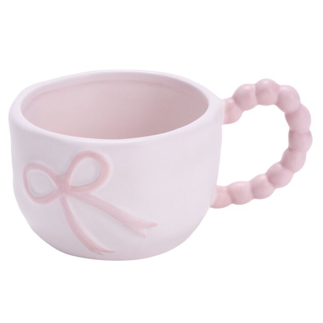 Tasse dolomite motif noeud anse fa&ccedil;on perle blanc et rose &Oslash;10xH7cm