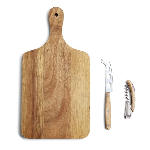 Planche de pr&eacute;sentation avec couteau et tire-bouchon acacia 37x19cm