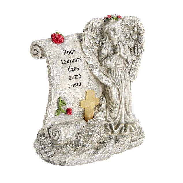 Plaque fun&eacute;raire LED avec ange polyr&eacute;sine gris 18,5x12xH20,5cm