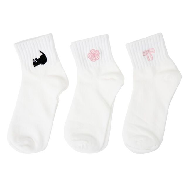Chaussettes femme x3 tige basse coton blanc avec broderie noire et rose 36/40