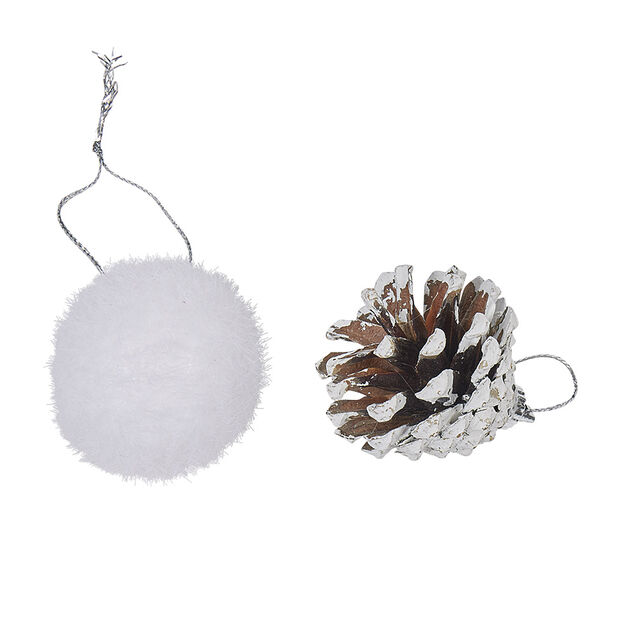Suspension boule de No&euml;l blanche et pomme de pin argent&eacute;e x10