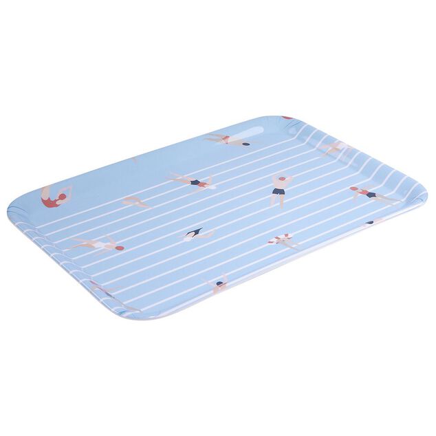 Plateau rectangulaire ray&eacute; bleu blanc motif nageur - plastique 45x31cm