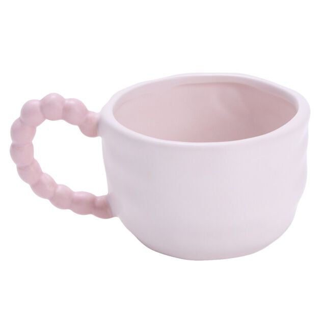 Tasse dolomite motif noeud anse fa&ccedil;on perle blanc et rose &Oslash;10xH7cm
