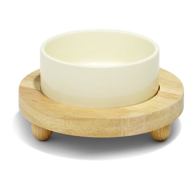 Gamelle ronde pour chien en dolomite avec socle en bambou &Oslash;18,5cm