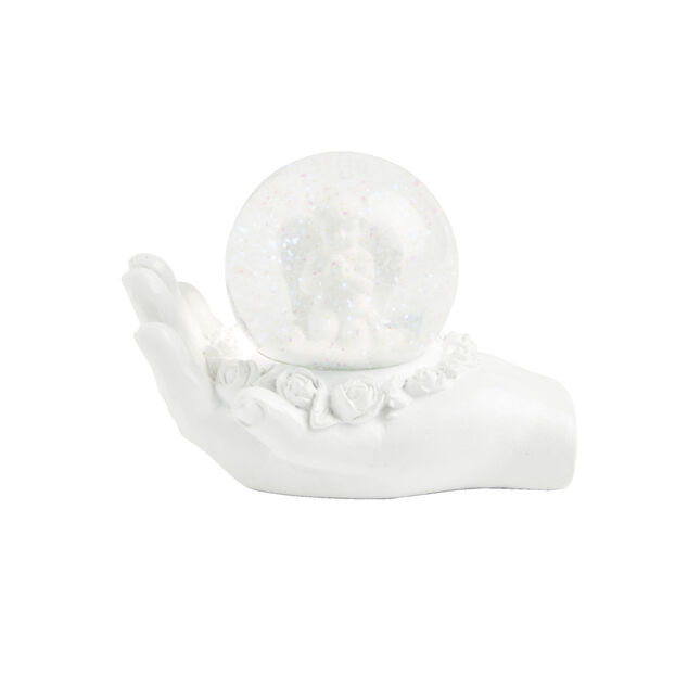 Main polyr&eacute;sine blanche avec boule de neige ange &agrave; poser &Oslash;6,5cm