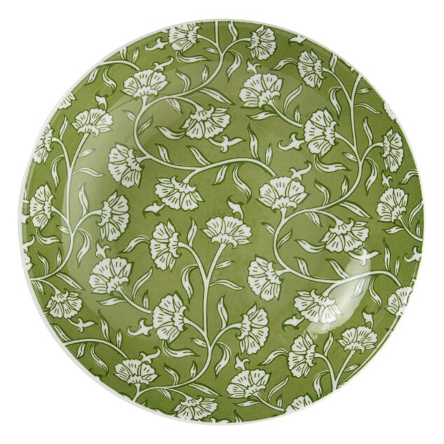 Service vaisselle porcelaine 4 personnes 12 pi&egrave;ces motif floral vert et beige