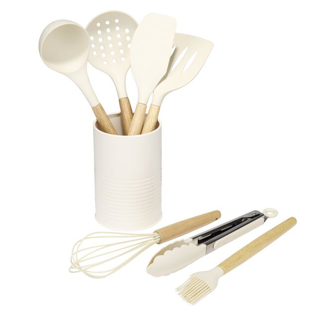 Ustensile de cuisine x7 silicone et bois avec pot beige &Oslash;12xH35cm