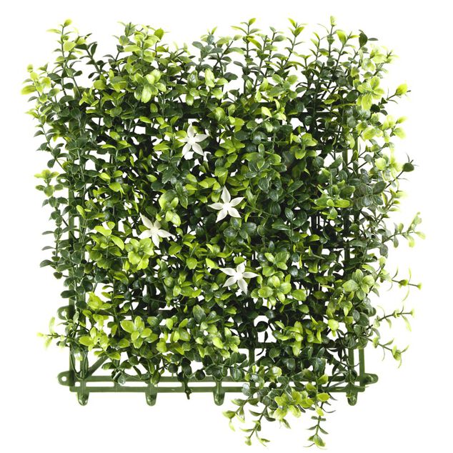 Carr&eacute; v&eacute;g&eacute;tal artificiel feuillage et fleurs blanches 25x25cm clipsable