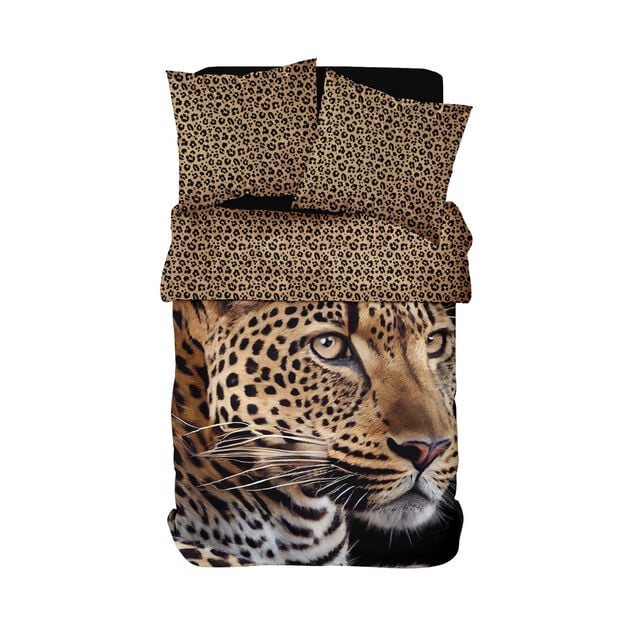 Parure de lit 2 personnes 240x220cm coton motif l&eacute;opard marron et noir