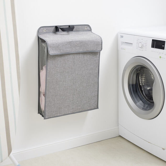 Panier &agrave; linge mural pliant tiss&eacute; gris 40,5x15xH57cm