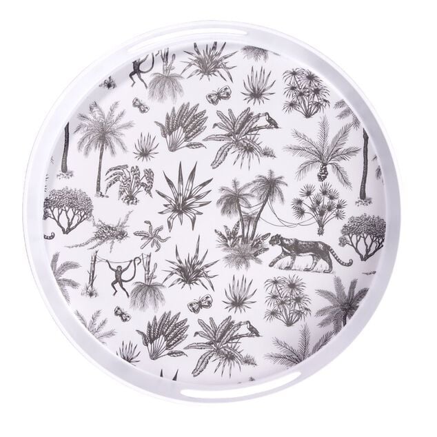 Plateau rond m&eacute;lamin&eacute; motif savane blanc et noir &Oslash;34,5xH5cm