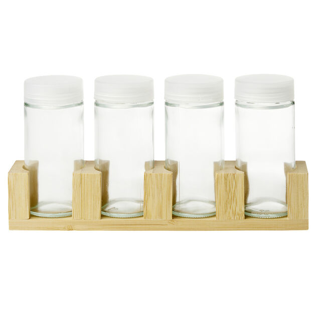 Pots &agrave; &eacute;pices en verre x4 avec support en bambou 20x4,5xH11cm