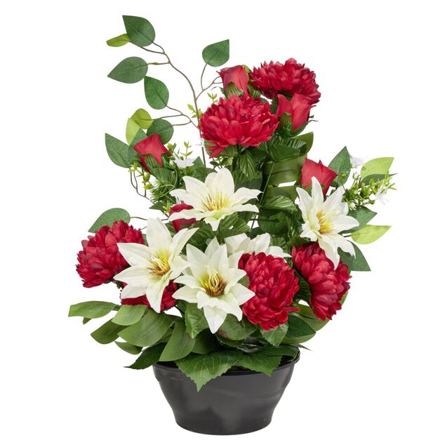 Vasque plastique chrysanth&egrave;mes cl&eacute;matites lys roses ficus &Oslash;40xH54cm (3 mod&egrave;les)