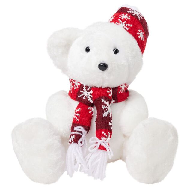 Ours blanc à poser avec écharpe et bonnet 27x19xH27cm