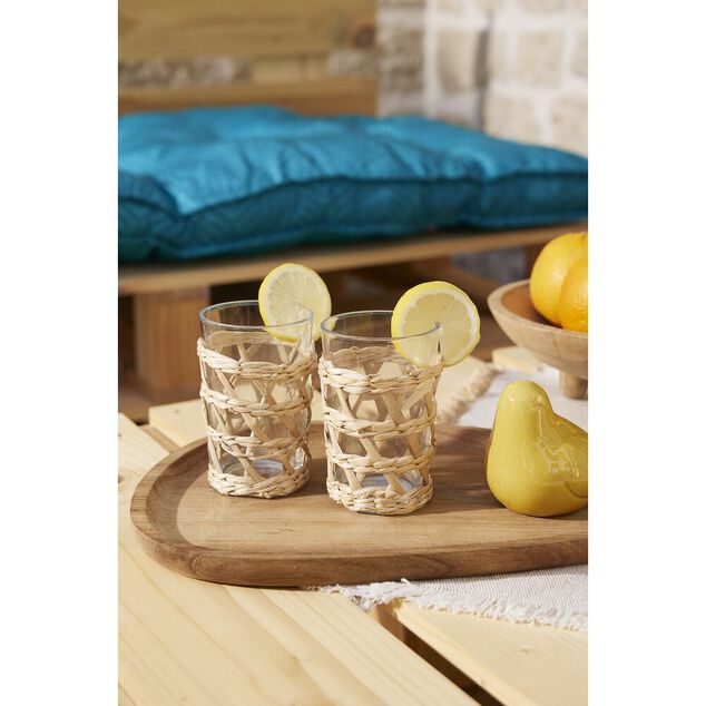 Verre haut transparent avec raphia Ø8xH12,5cm